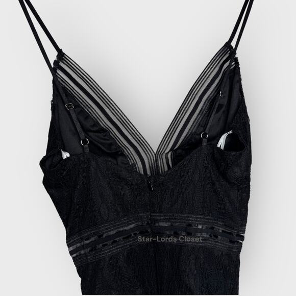 Lulus Casita Lace Thong Bodysuit S Black Sheer Striped Plunging V-Neck NWT Party - Picture 6 of 10